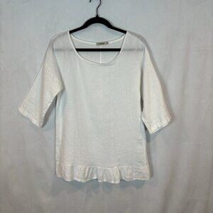 lungo l'arno Linen 3/4 Sleeve White Ruffle Hem Blouse Size Small Coastal Grandma